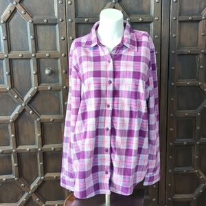 LEE size L pink purple green white plaid button up long sleeve collared shirt.